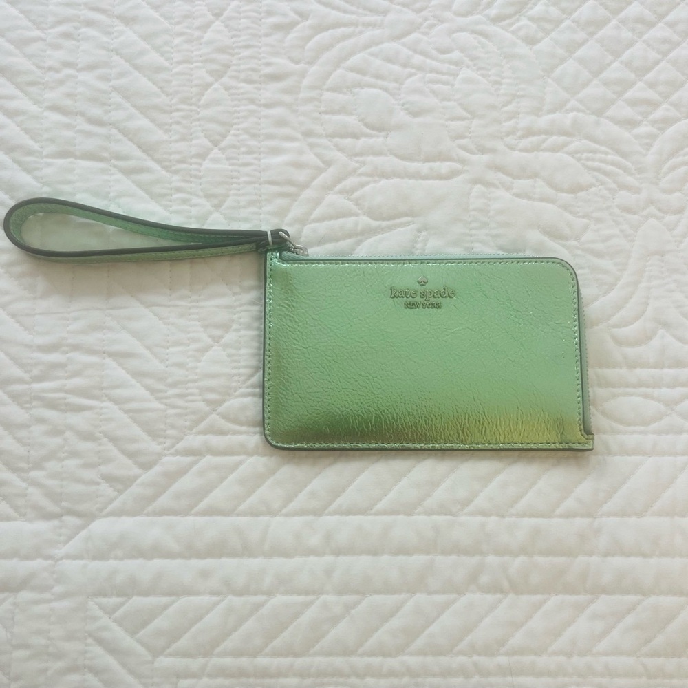 kate spade iridescent green wristlet clutch with strap